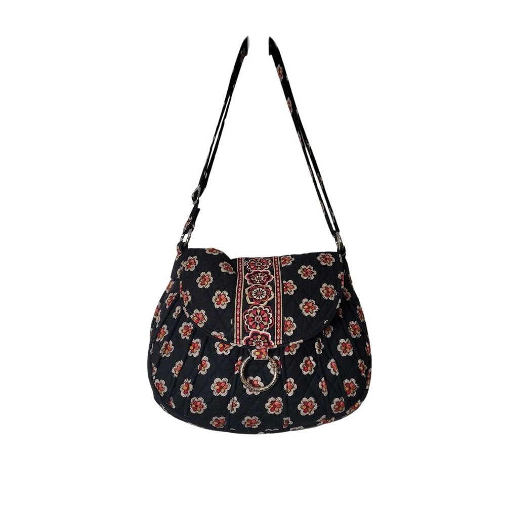 Vera Bradley Black Floral Quilted Shoulder Bag With Adjustable Strap & Silver Ri